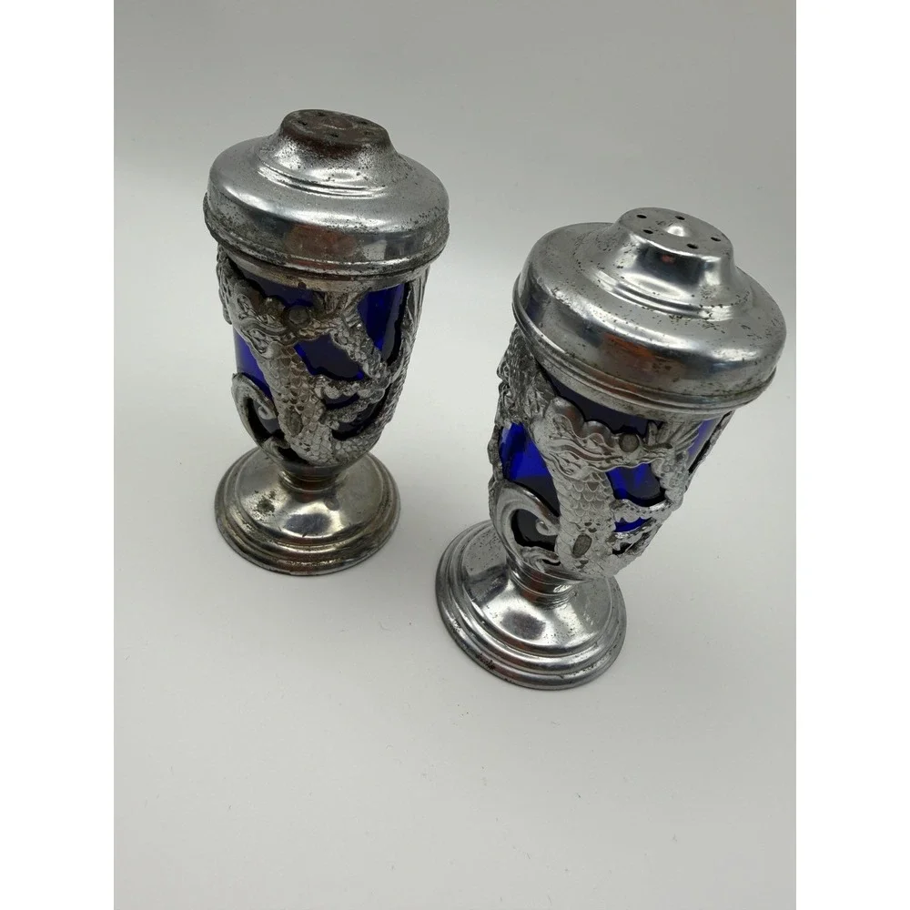 Vintage 1950s Japanese Dragon Salt Pepper Shaker Set Silver Cobalt Blue Glass